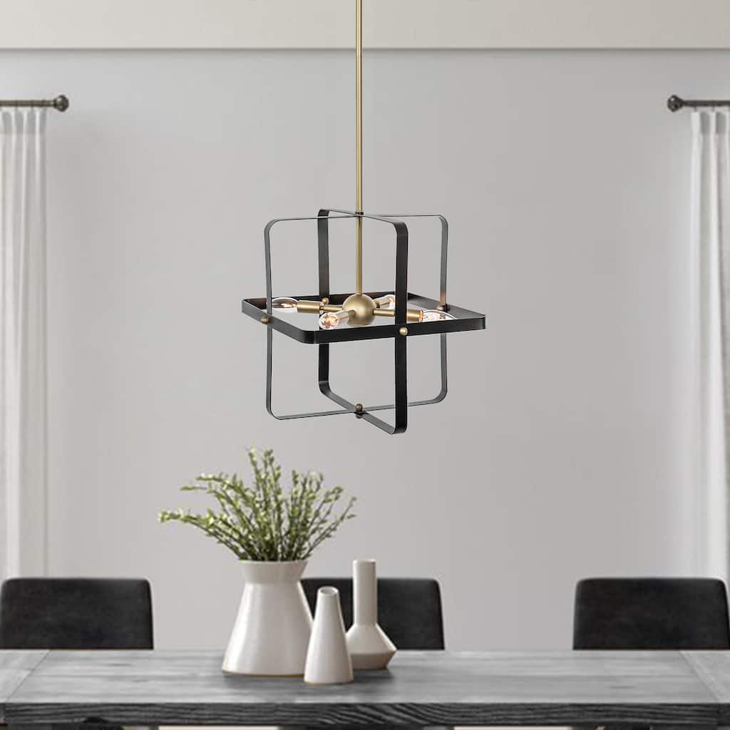 4-Light Modern Geometric Linear Pendant, Classic Black+Brass Dust - 16.81"x16.81"x16.14"