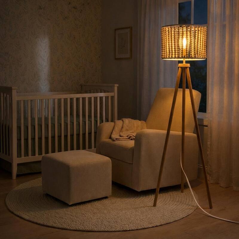 Sofi Natural Wood Tripod Floor Lamp with Beaded Shade - Walnut