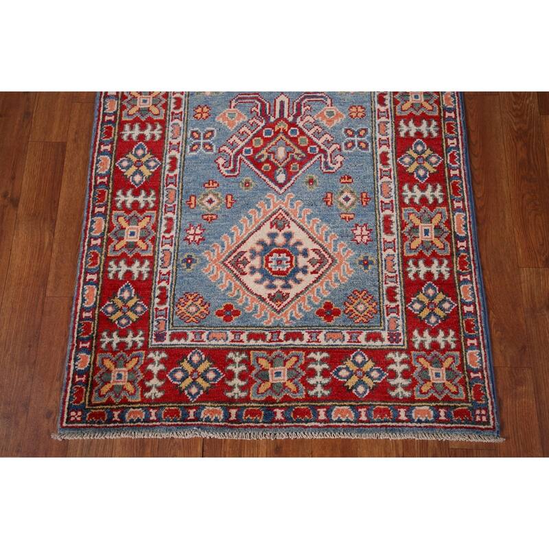 Blue Geometric Kazak Oriental Runner Rug Handmade Wool Carpet - 2'8" x 9'9"