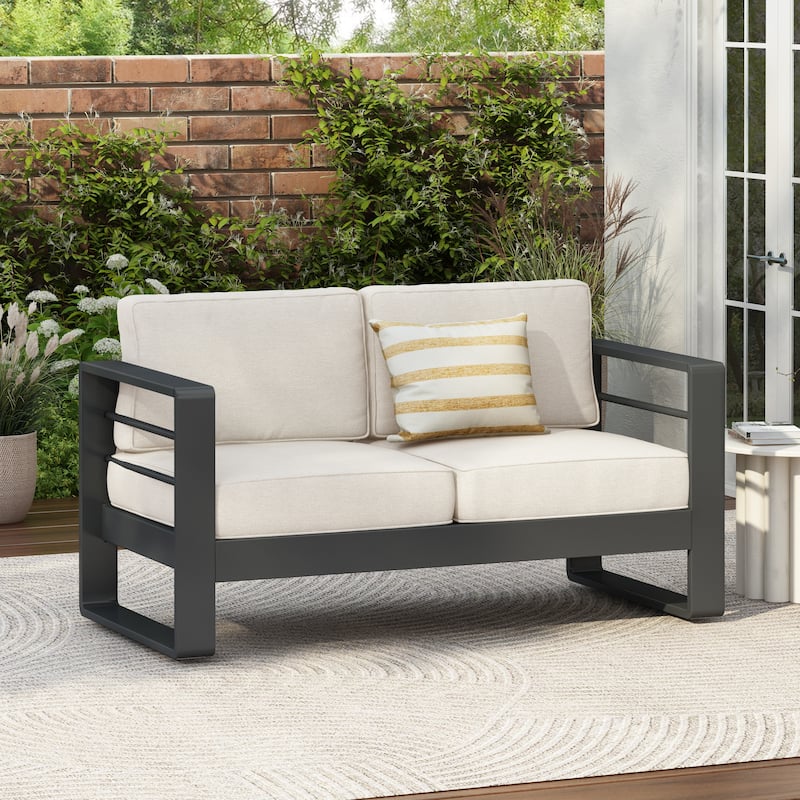 Maya Bay Aluminum Outdoor Loveseat with Cushions by Christopher Knight Home - Black+Beige