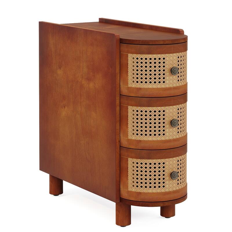10.62" Narrow Rattan 3-Drawer End Table, Walnut & Oak Slim Nightstand, No Assembly, Sofa Side Table for Bedroom, Living Room