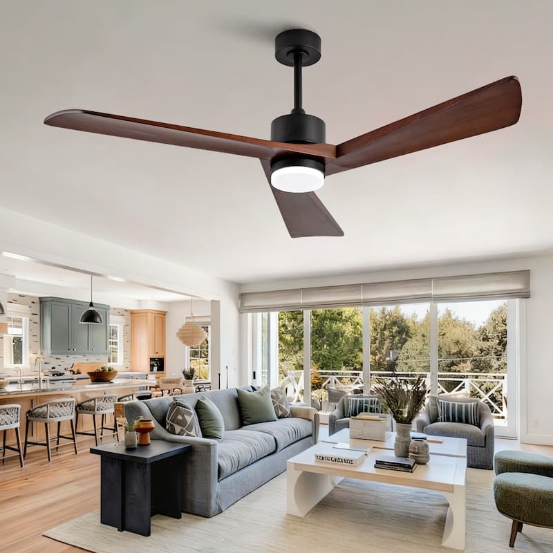 60 Inch Ceiling Fan with Light and Remote, 3 Walnut Solid Wood Blades, Quiet DC Motor, 6-Speed 5000 CFM - Black + Dark Walnut - Black + Dark Walnut