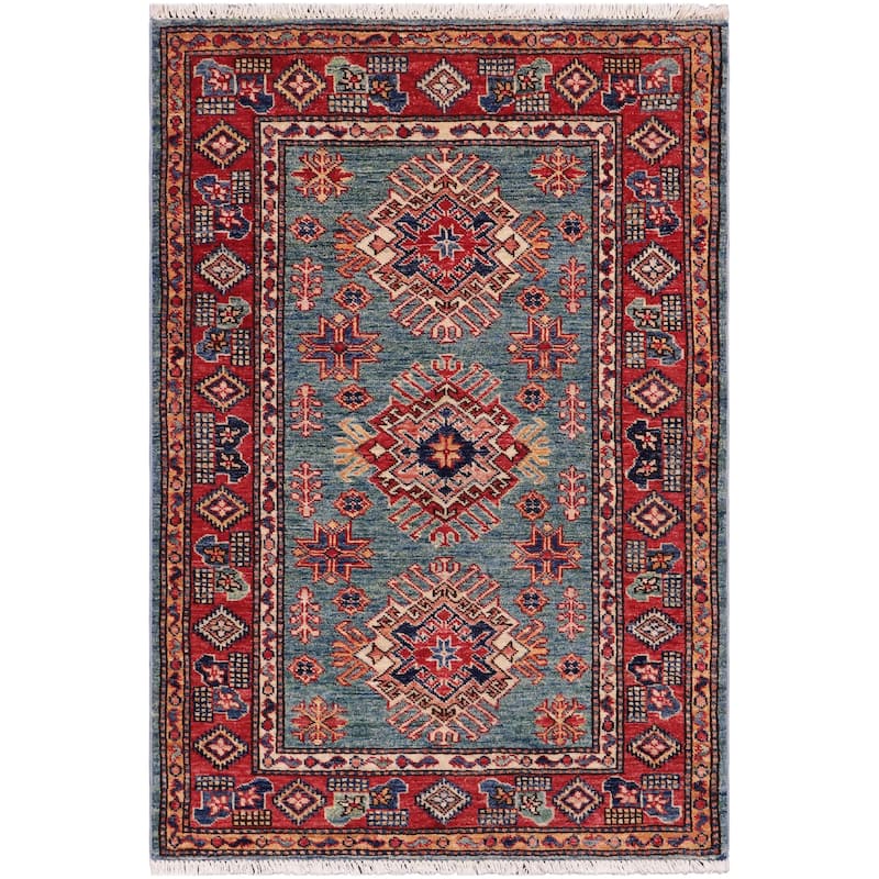 Tribal Super Kazak Sage Green/Red Hand Knotted Wool Rug - 3'0'' x 4'0''