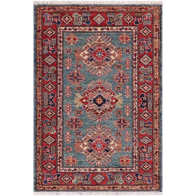 Tribal Super Kazak Sage Green/Red Hand Knotted Wool Rug - 3'0'' x 4'0''