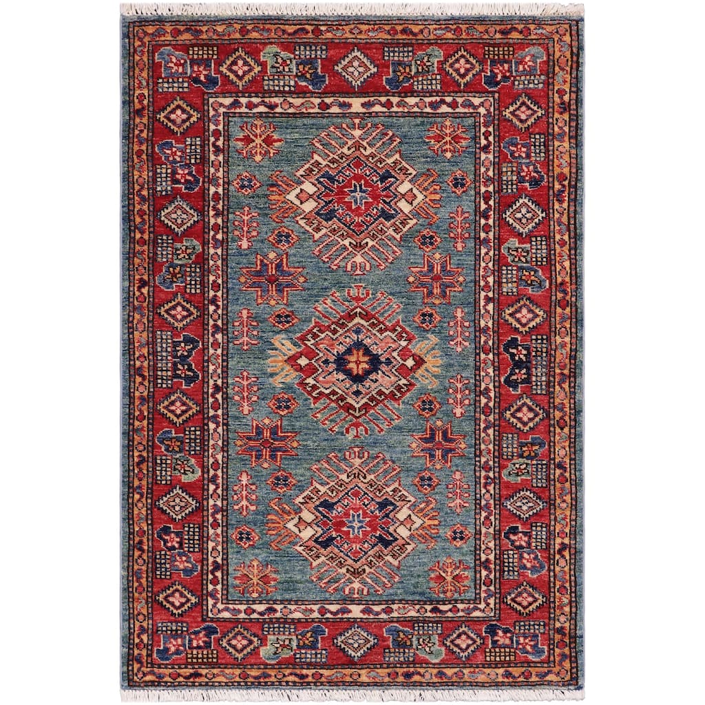Tribal Super Kazak Sage Green/Red Hand Knotted Wool Rug - 3'0'' x 4'0''