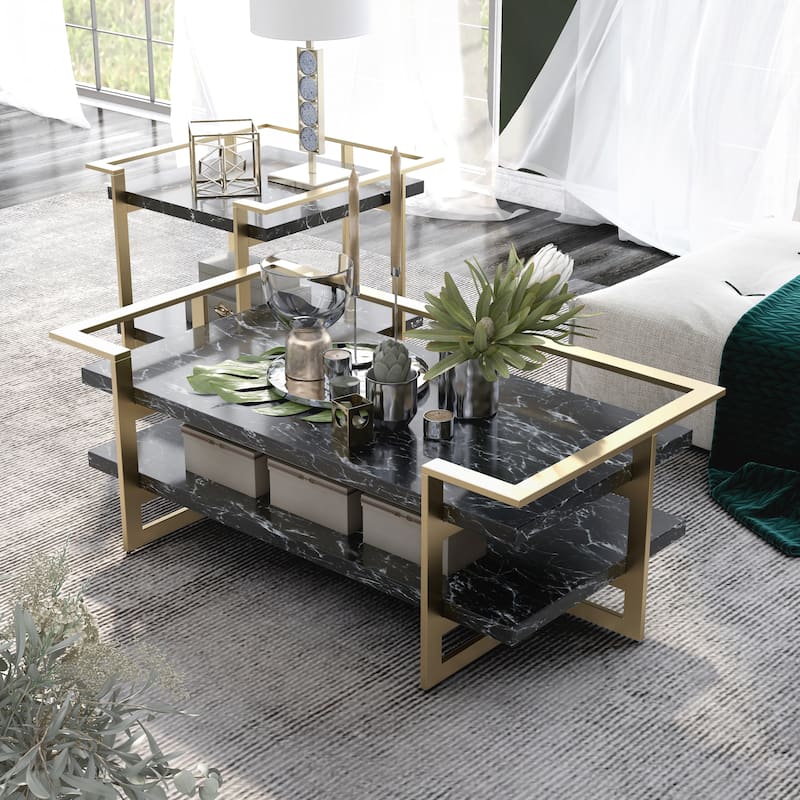 Lovell Glam Gold and Black Faux Marble 2-Piece Table Set with Shelf by Furniture of America