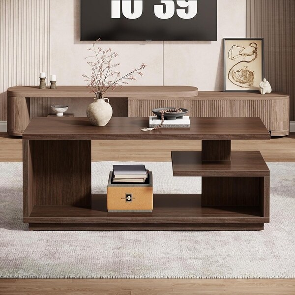 47.24 Inches Coffee Table with Storage Shelf, 3 Tiers Wooden Tea