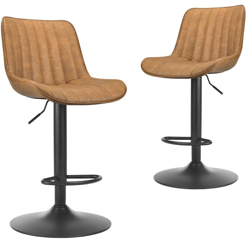 Bar Stools Set of 2, Swivel Adjustable Barstools, Bar Height Stools with Back Support, PU Leather Counter Height Bar Chairs - Brown