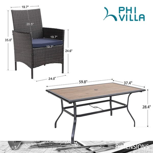 dimension image slide 0 of 2, PHI VILLA Dining Set of 7 Wicker Chairs and Wood Top Table with 1.56" Umbrella Hole and Steel Frame