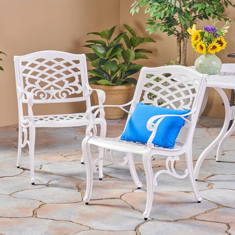 Roomfitters Outdoor Arm Chairs Set of 2, Cast Aluminum Patio Seating, Weather-Resistant Garden Chairs, White - White
