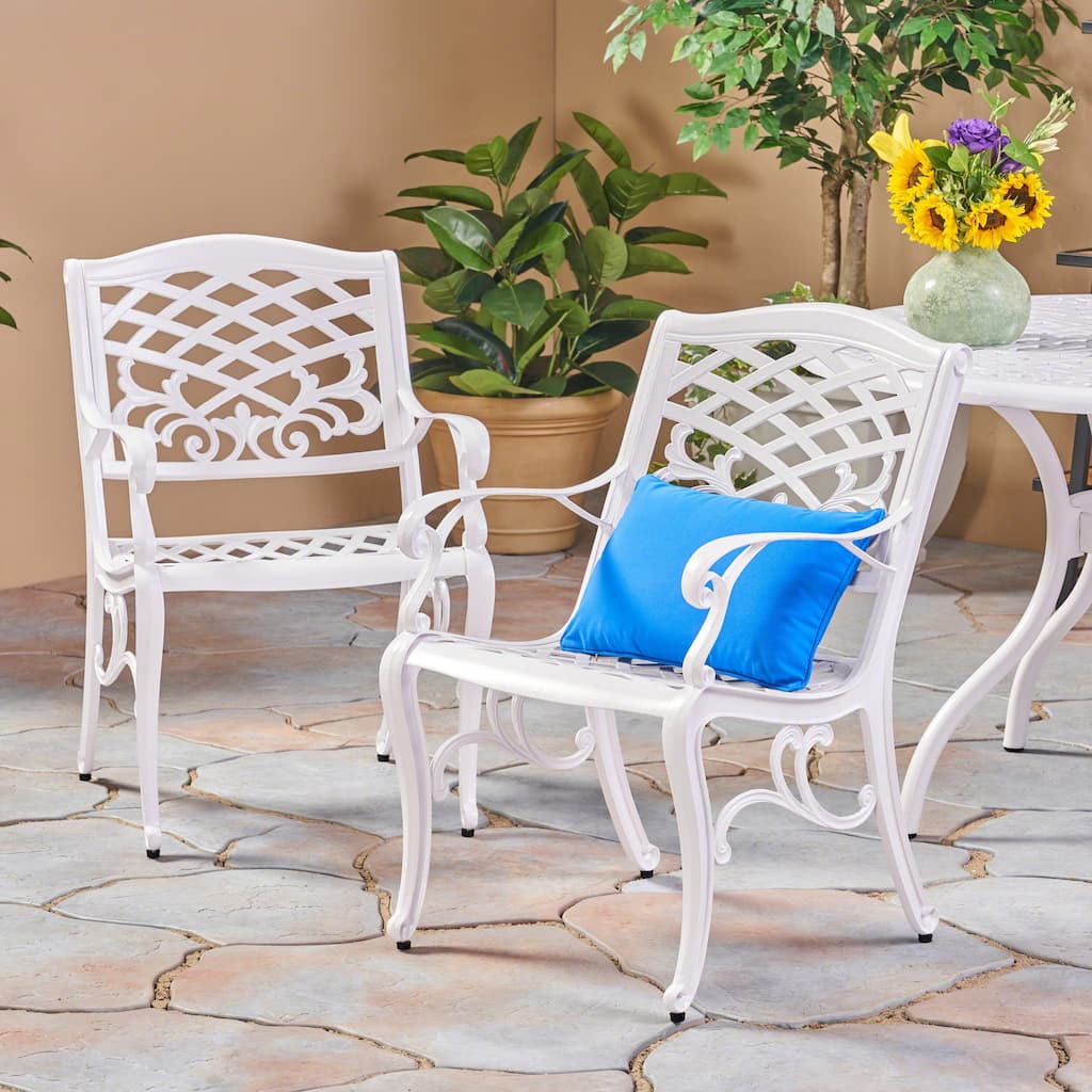 Roomfitters Outdoor Arm Chairs Set of 2, Cast Aluminum Patio Seating, Weather-Resistant Garden Chairs, White