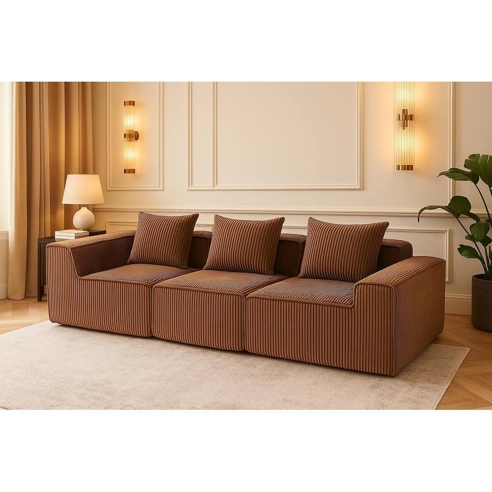 Modular Sectional Sofa with Pillows, Corduroy Upholstered 3-Seater Sofa, All-Compressed Foam Sofa for Living Room, Apartment