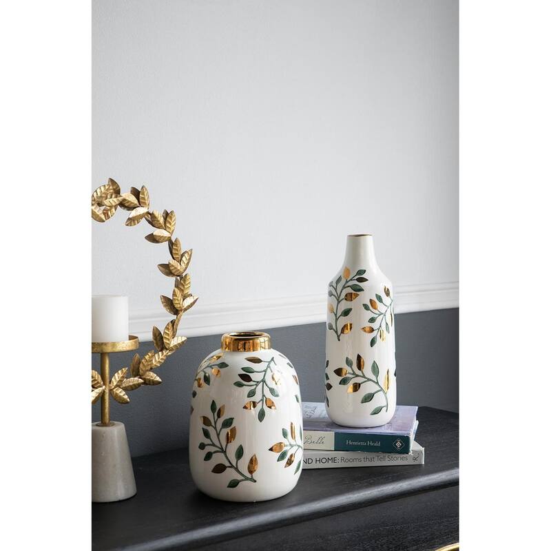 9" White Green And Gold Leaf Round Ceramic Table Vase - 6.70