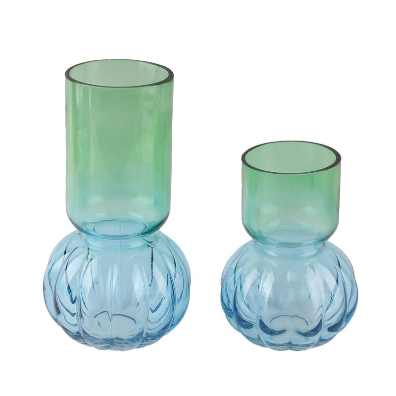 Two-Tone Green and Blue Set of 2 Bubble Shaped Modern Glass Vases