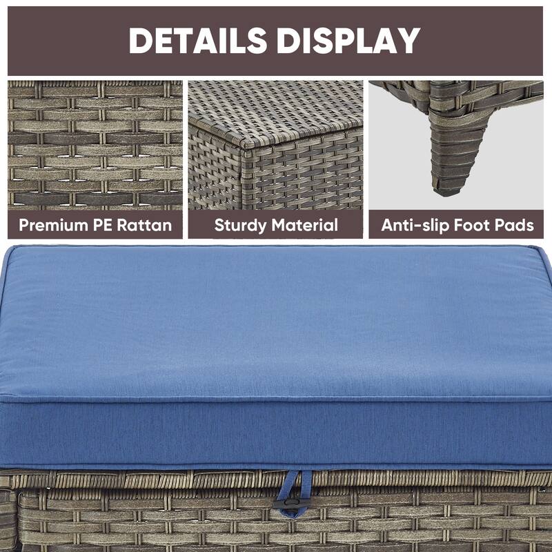 2 Piece Patio Rattan Ottomans, Outdoor Wicker Footstool - Grey