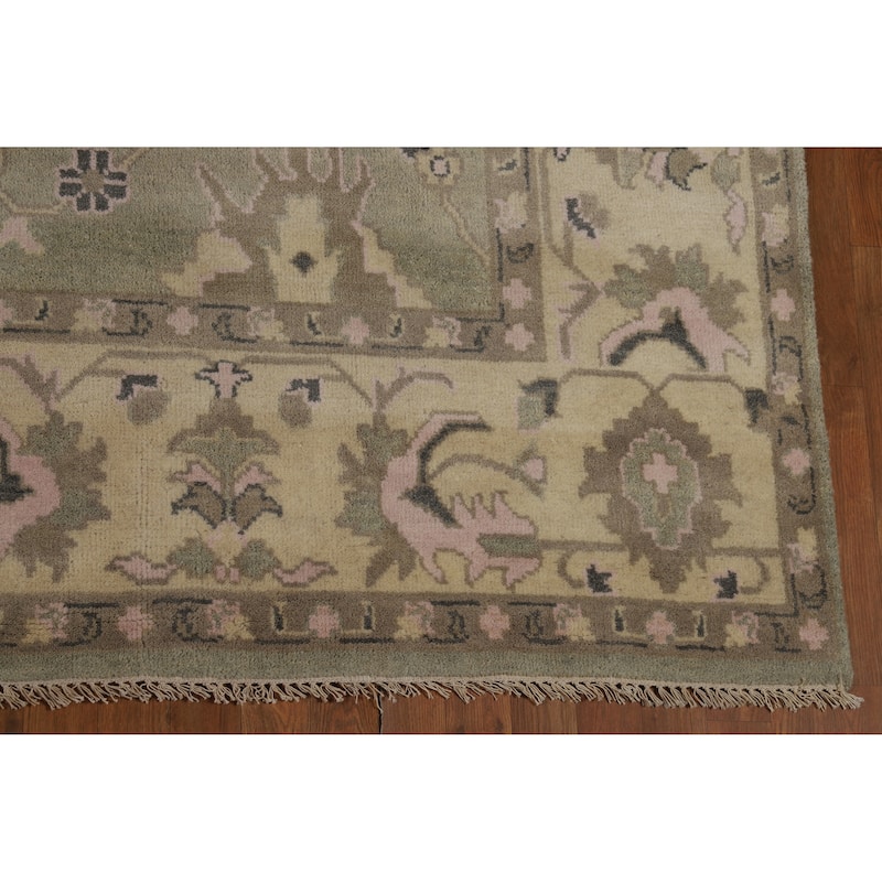 Transitional Oushak Indian Area Rug Handmade Green Wool Carpet - 9'0" x 12'0"