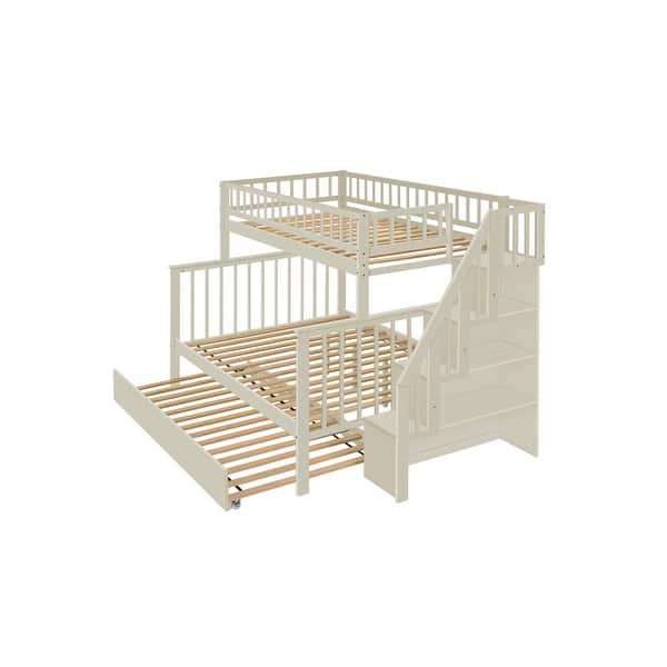 slide 2 of 10, Cream Twin over Full Modern Rubberwood Stairway Bunk Bed with Rails and Storage Cream