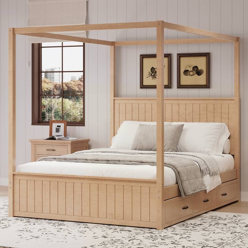 Canopy Platform Bed with Trundle and Three Storage Drawers