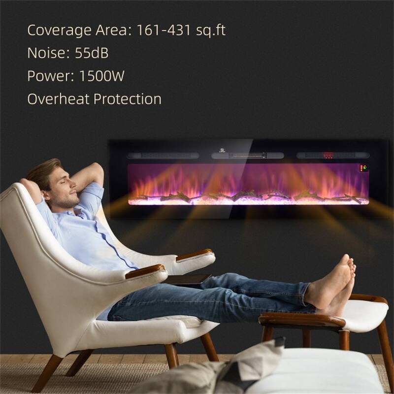 60" Wall Mount Electric Fireplace with Faux Logs and 1500W Heating Remote Control Included - 60" W x 6.2" D x 17.7" H