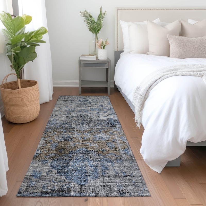 Machine Washable Indoor/ Outdoor Vintage Traditional Chantille Rug - Blue - 2'3" x 7'6"