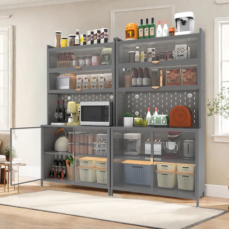 Rossetta 6-Tier Anti-Tip Design Flip Door Kitchen Pantry Cabinet with Pegboard Metal, Adjustable Shelves