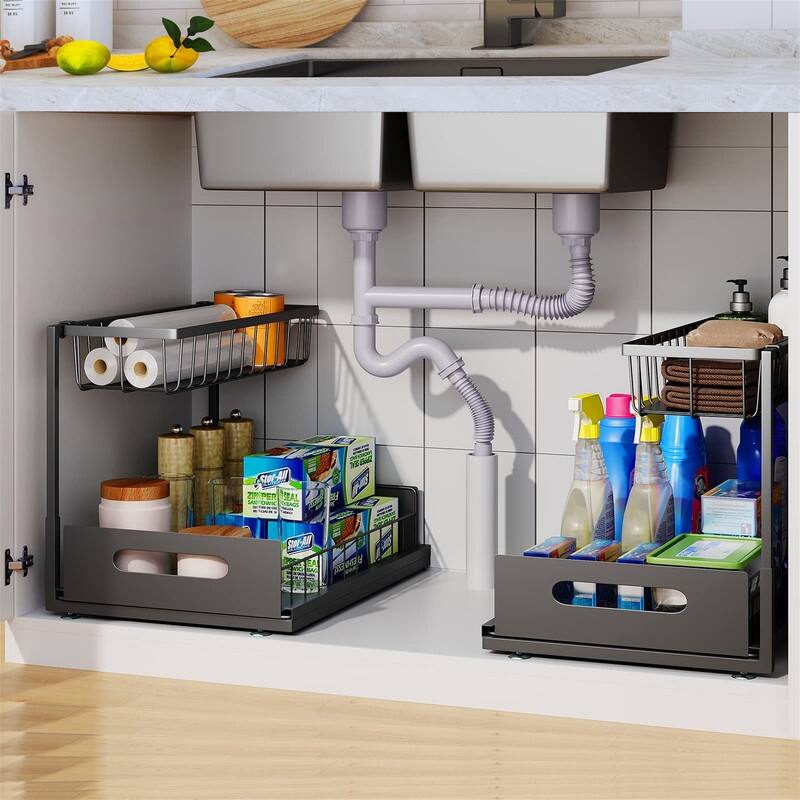 Under Sink Organizers and Storage - 14.4"D x 10.4"W x 10.6"H - 2 Pack-Black