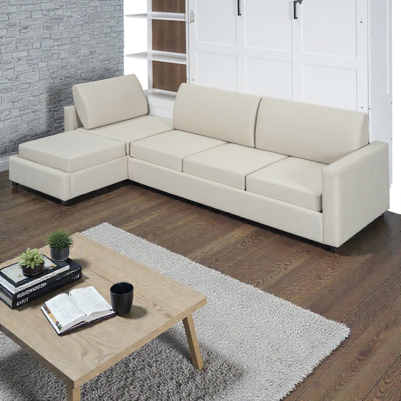 Queen Size Murphy Wall Bed with Sofa and Shelves, Space-Saving Fold Down Bed with Storage, Piston Lift Mechanism