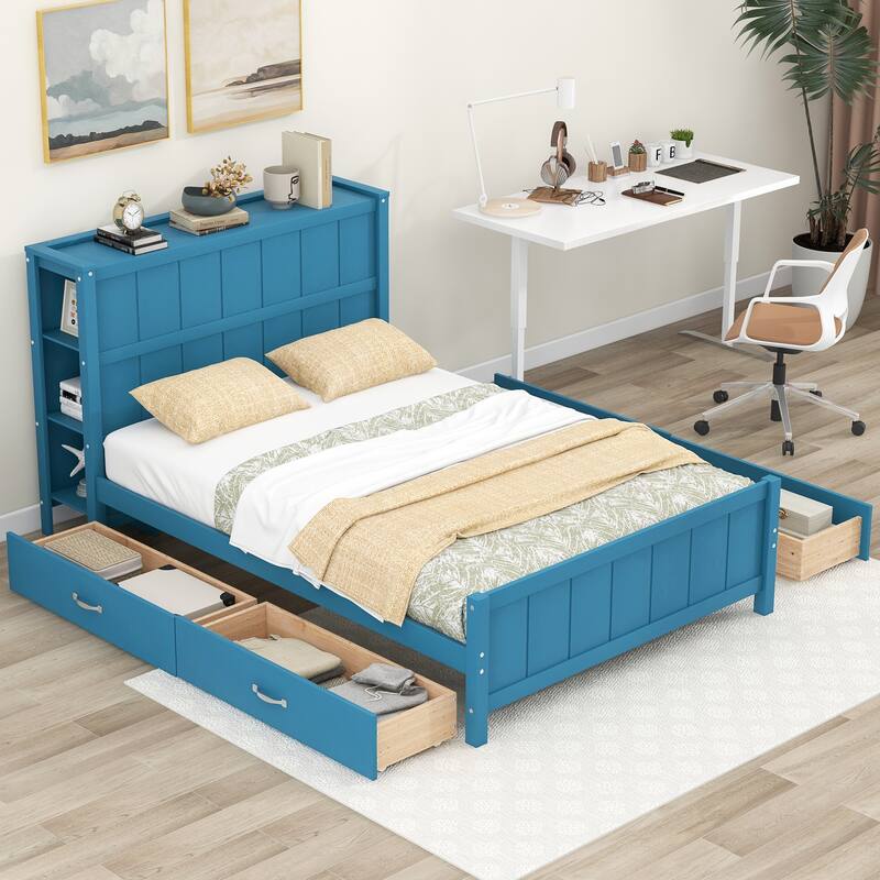 Blue Wood Platform Beds Full Size Storage Bed w/ Storage Shelves Headboard and 4 Drawers