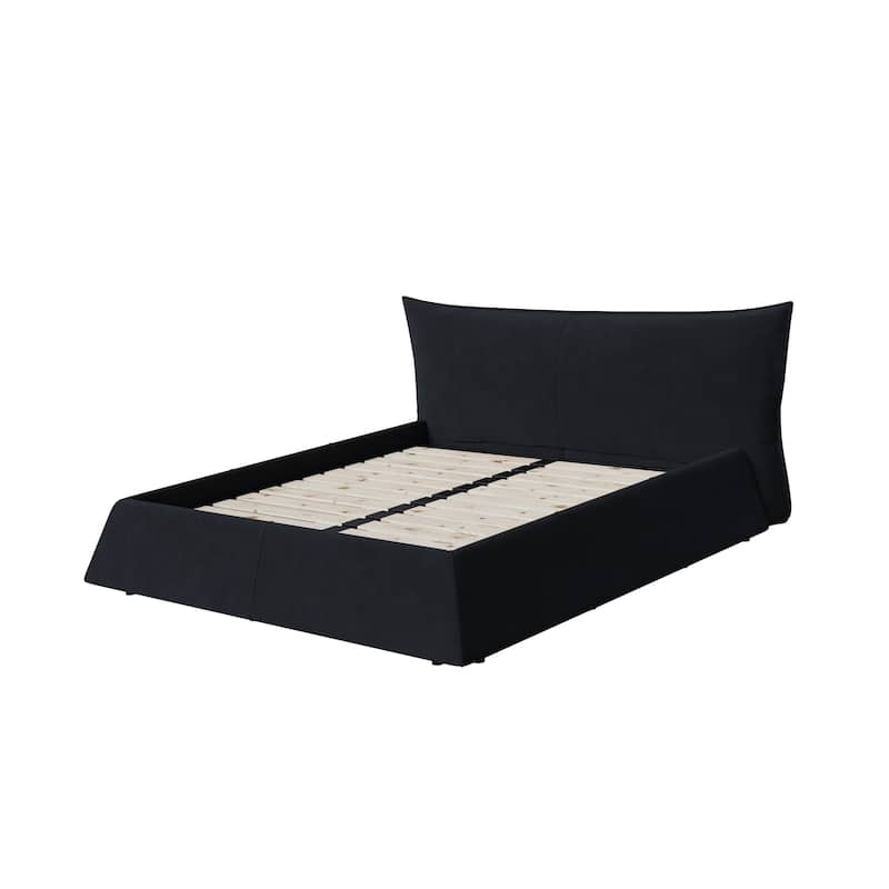 King Size Upholstered Platform Bed with Velvet Headboard, Metal & Solid Wood Frame, Black