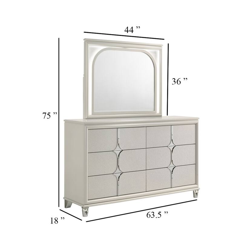 Ory Wide Dresser with LED Mirror, 6 Drawers, Pearl White Wood Frame