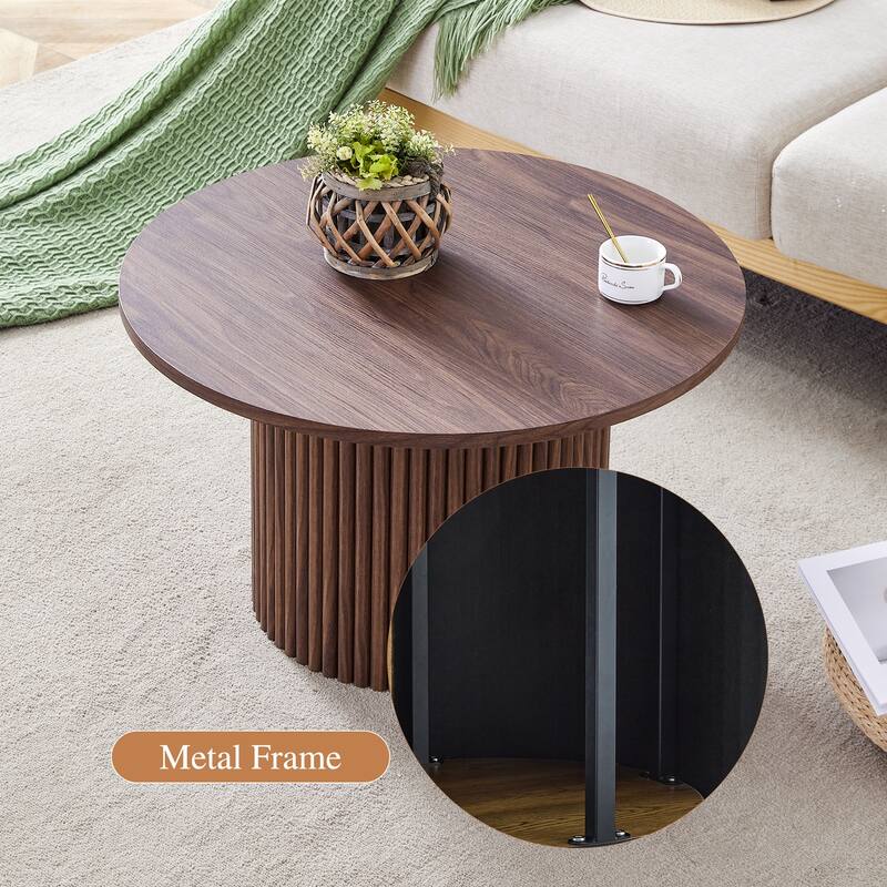 Modern Round Coffee Table with Cylindrical Legs Wooden Center Table with Concealed Storage Space Living Room Tea Table