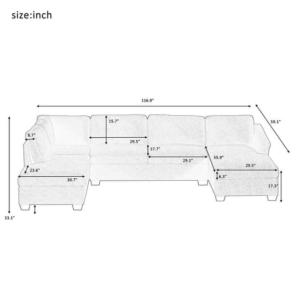 Large Ushape Sectional Sofa, Double Extra Wide Polyester Chaise Lounge