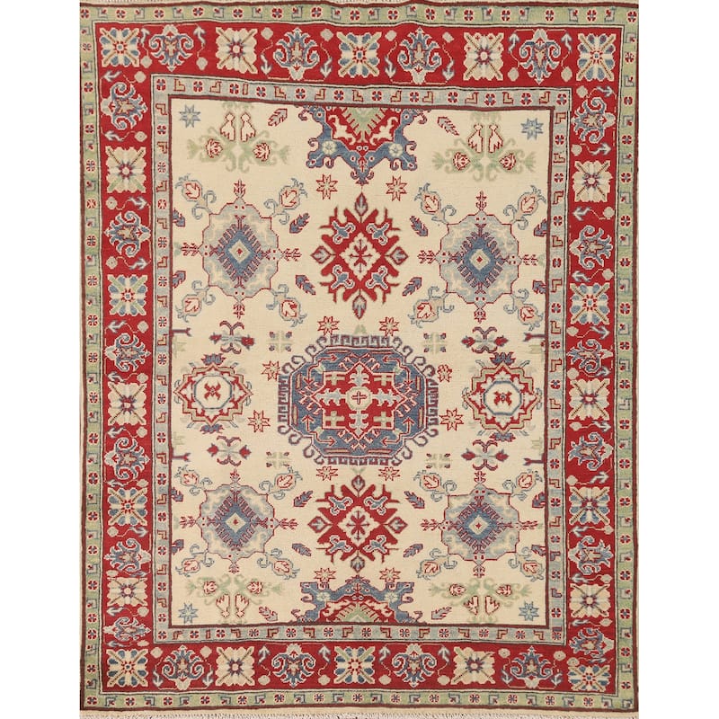 Geometric Beige Kazak Area Rug Hand-Knotted Traditional Wool Carpet - 5'0" x 6'3"