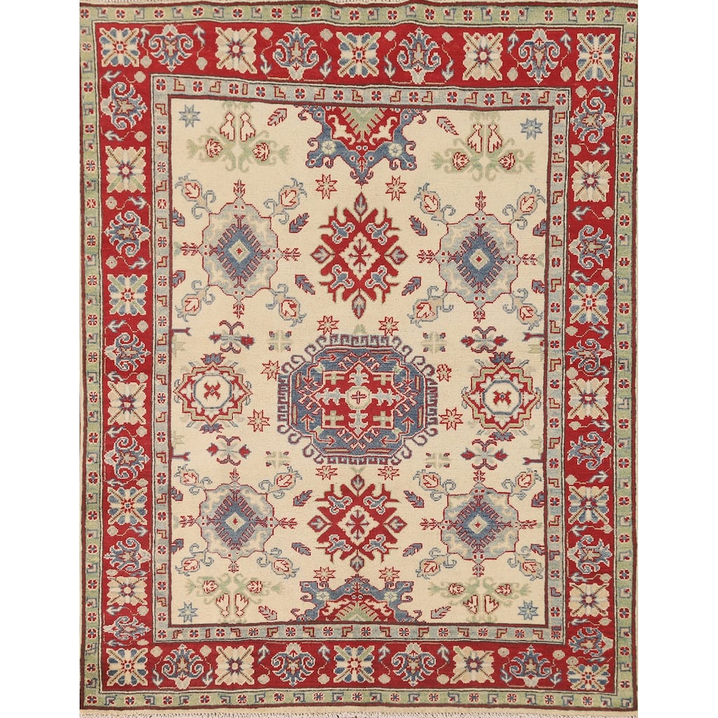 Geometric Beige Kazak Area Rug Hand-Knotted Traditional Wool Carpet - 5'0" x 6'3"