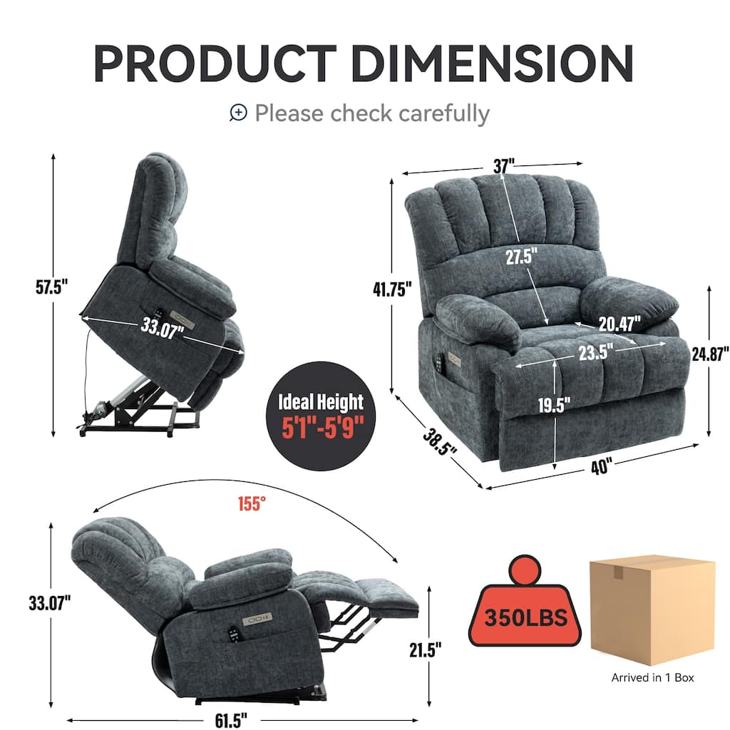 Chenille Power Lift Recliner Chair with Heat & Massage, Adjustable Reclining Sofa with USB Charging Port & Side Pockets