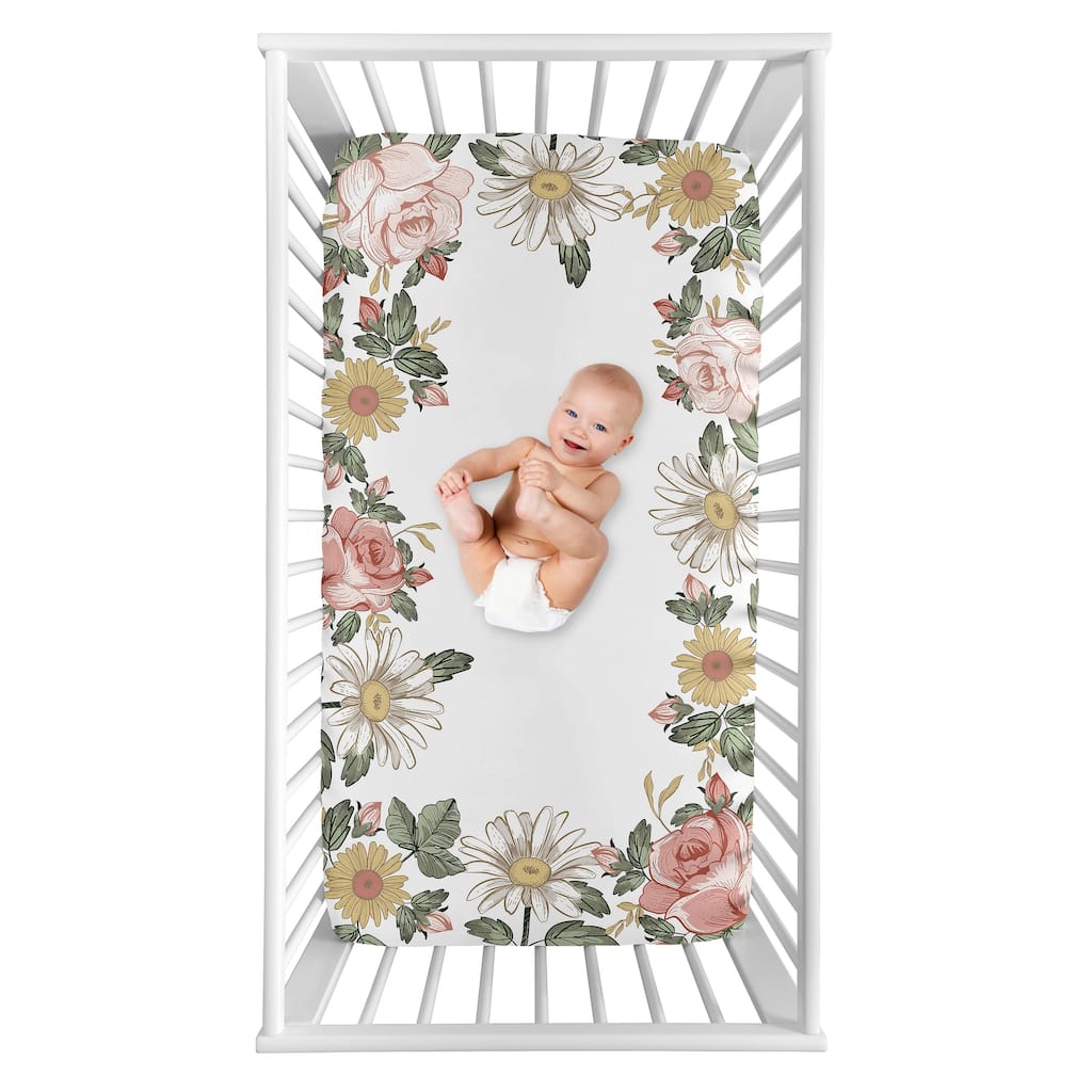 Vintage Floral Boho Collection Girl Photo Op Fitted Crib Sheet - Blush Pink, Yellow and Green Shabby Chic Rose Flower Farmhouse