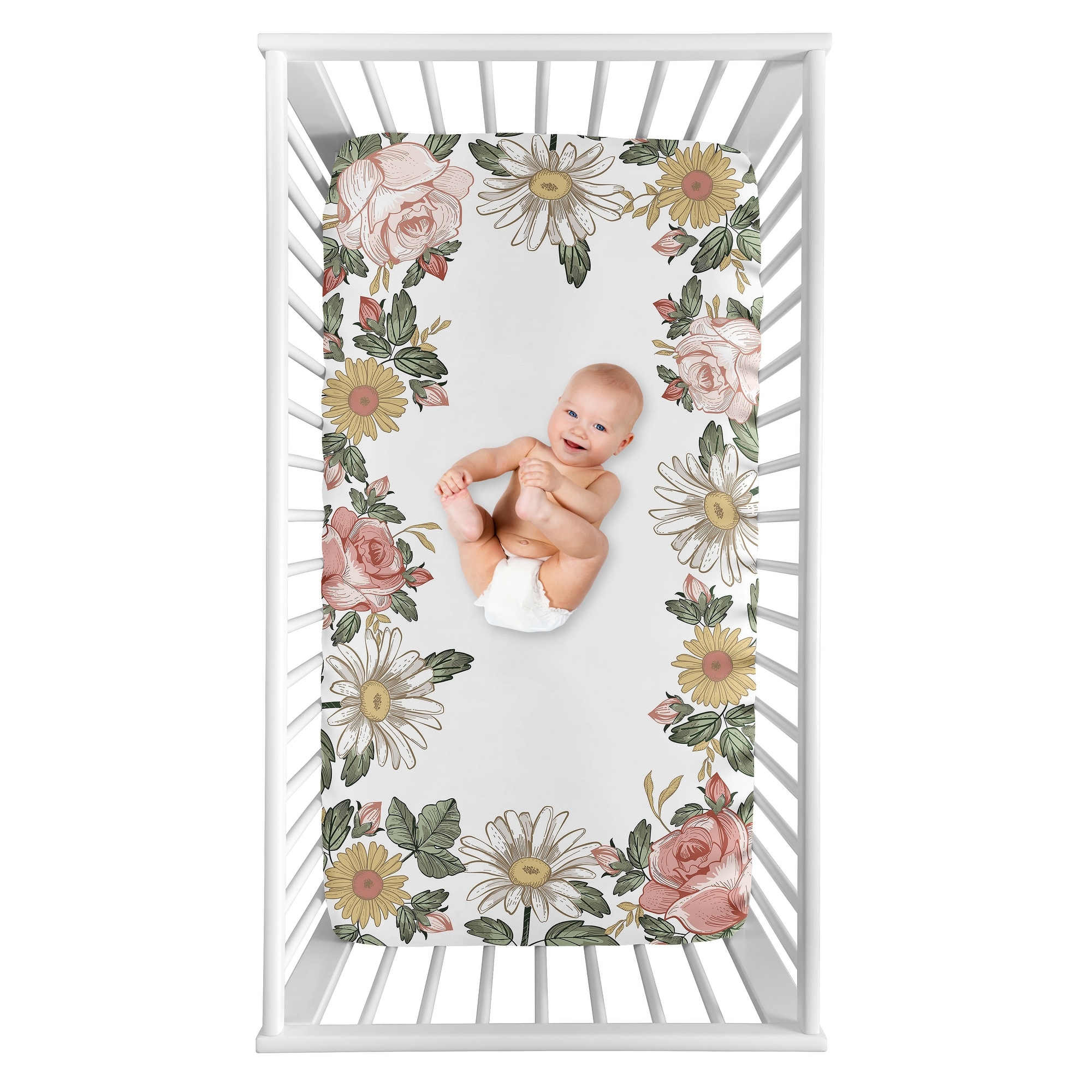 Vintage Floral Boho Collection Girl Photo Op Fitted Crib Sheet - Blush Pink, Yellow and Green Shabby Chic Rose Flower Farmhouse