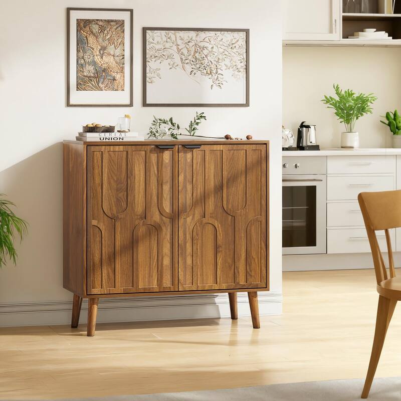 Roomfitters Mid-Century Modern Storage Cabinet with Geometric Arched Doors, Sideboard Buffet with Black Handles, Walnut