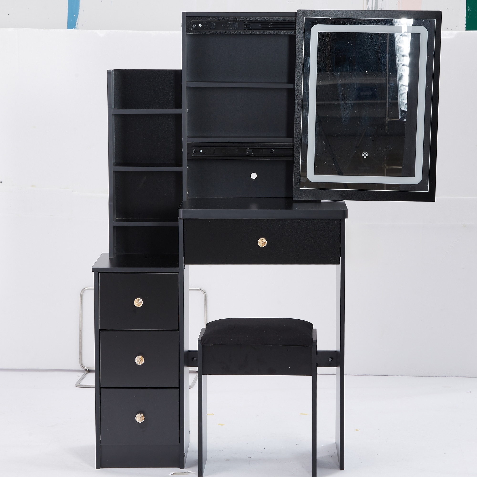 29.2" Small Size Left Bedside Cabinet Vanity Table + Cushioned Stool