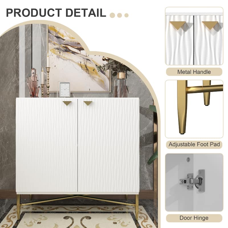 Gloss Door Cabinet-Gold Spindle Legs And Triangular Handles 2 Door White Locker Accent Cabinet