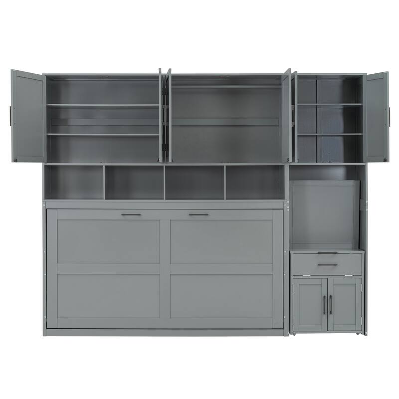 Space-Saving Twin Murphy Bed with Integrated Closet, Drawers & Desk in Gray