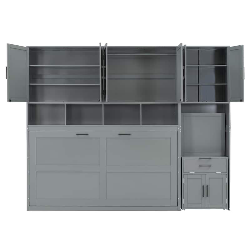 Twin Size Murphy Wall Bed with Closet, Drawers, and Desk, Space-Saving Storage Solution
