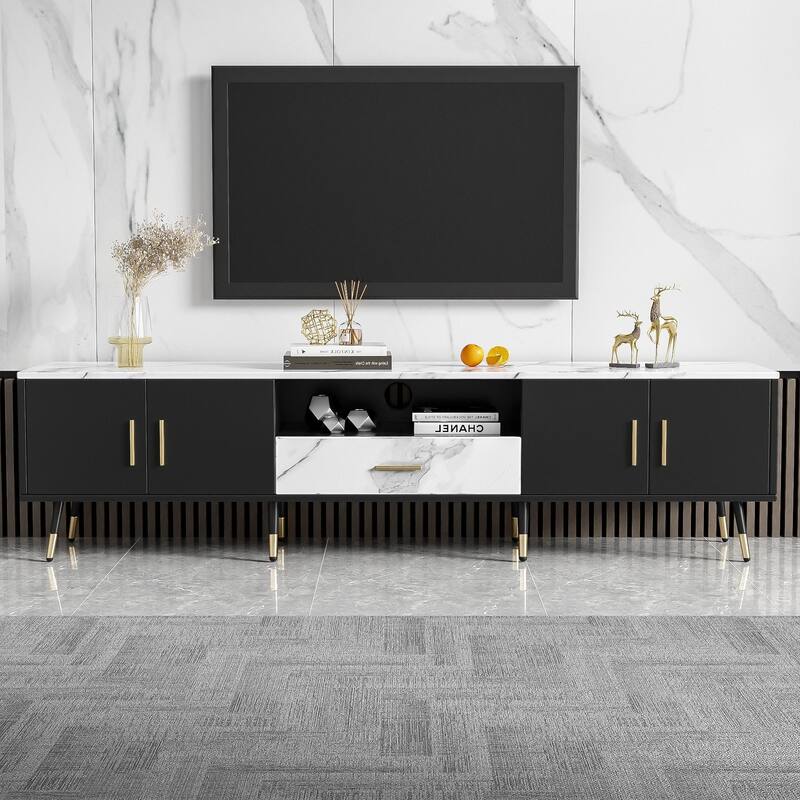 Stylish 71" TV Console for TVs up to 80", Multi-Purpose Entertainment Center with 2 Cabinets & Open Storage