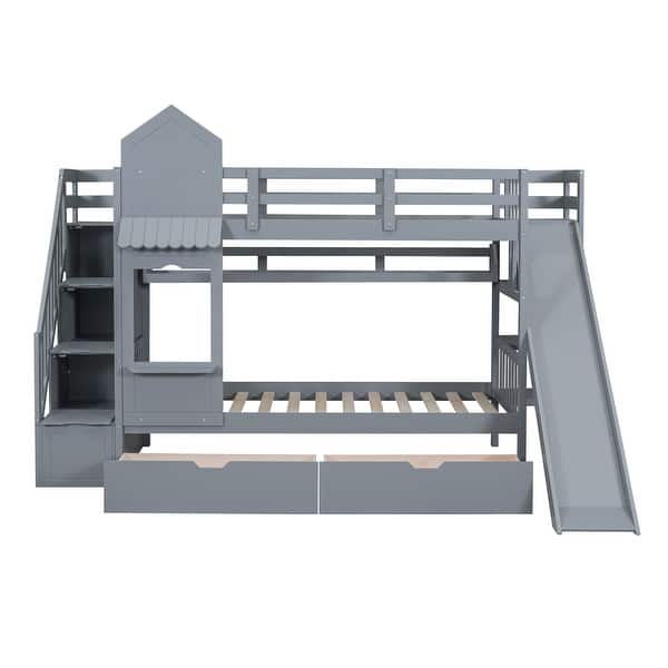 slide 2 of 66, Playhouse Design Twin Over Twin Bunk Bed with Slide and Multiple Storage Space Gray