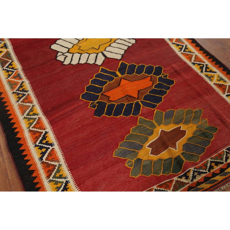 Vegetable Dye Kilim Qashqai Persian Antique Rug Hand-Woven Wool Carpet - 4'11"x 7'5"