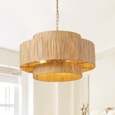 Farmhouse 4-Light Paper Woven Three Tiers Pendant Light for Kitchen Island