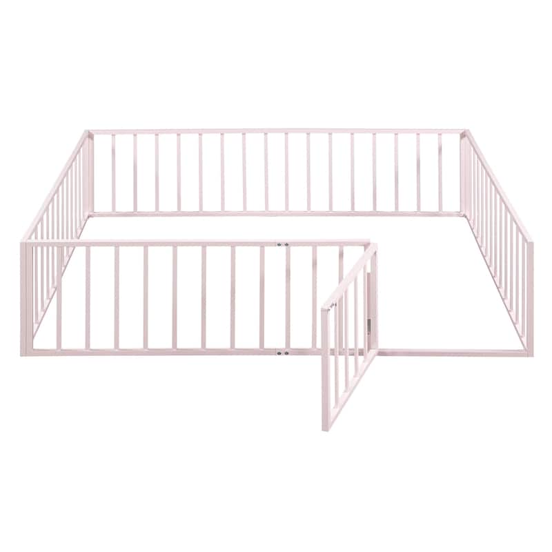 Queen Size Metal Floor Bed Frame with Fence and Door
