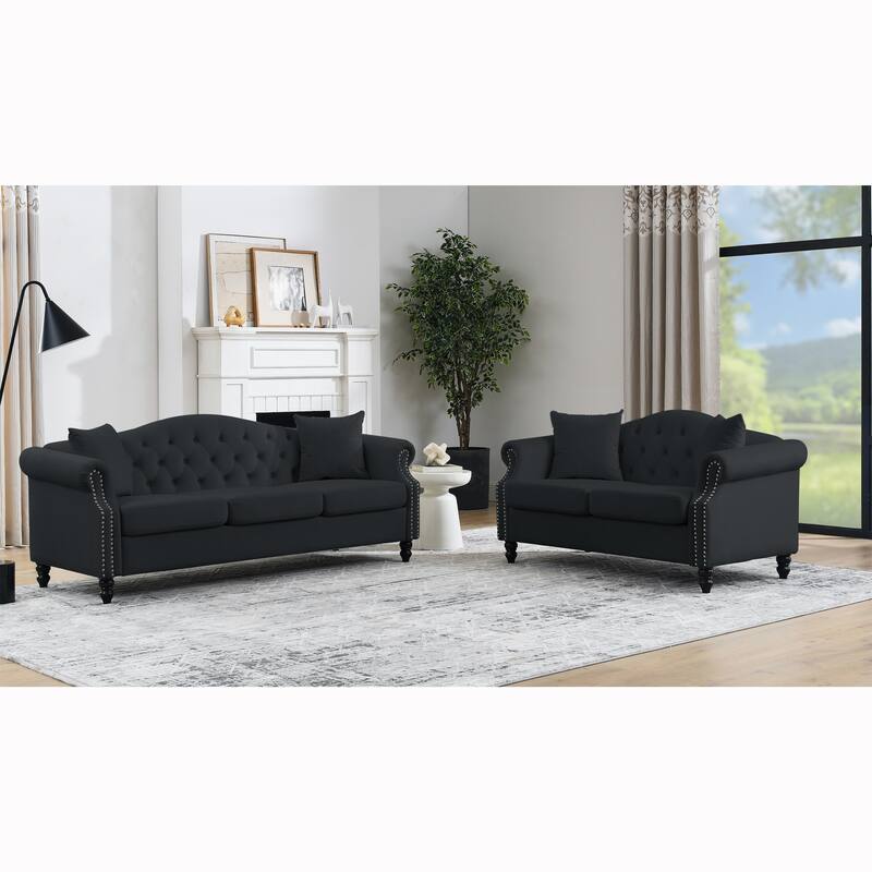 2-Piece Chesterfield Velvet Sofa Set (3+2) with Tufted Back & Nailhead Trim - Black
