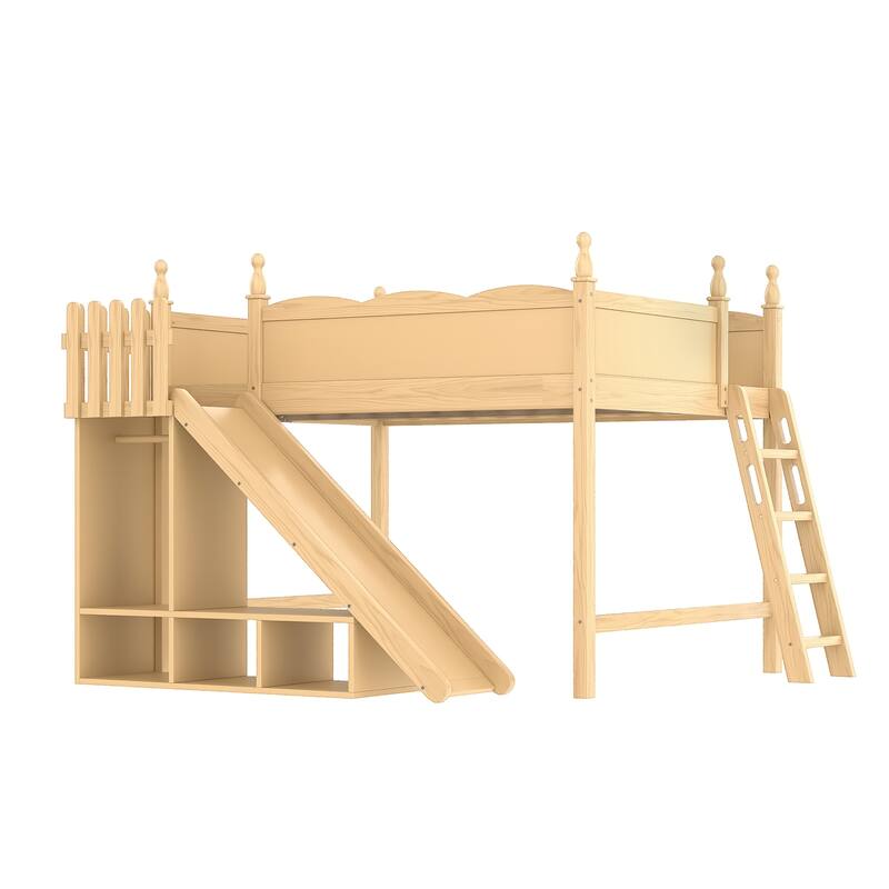 Queen Loft Bed with Storage Shelves and Wardrobe, Solid Wood Loft Beds with Detachable Slide and Ladders, No Spring Box Needed