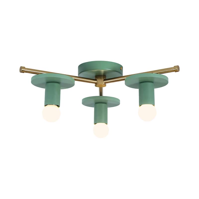 17.5" W 3-Light Modern Green/Black Sputnik Metal Wooden Semi-flush Mount Ceiling Light for Living Room, Bedroom